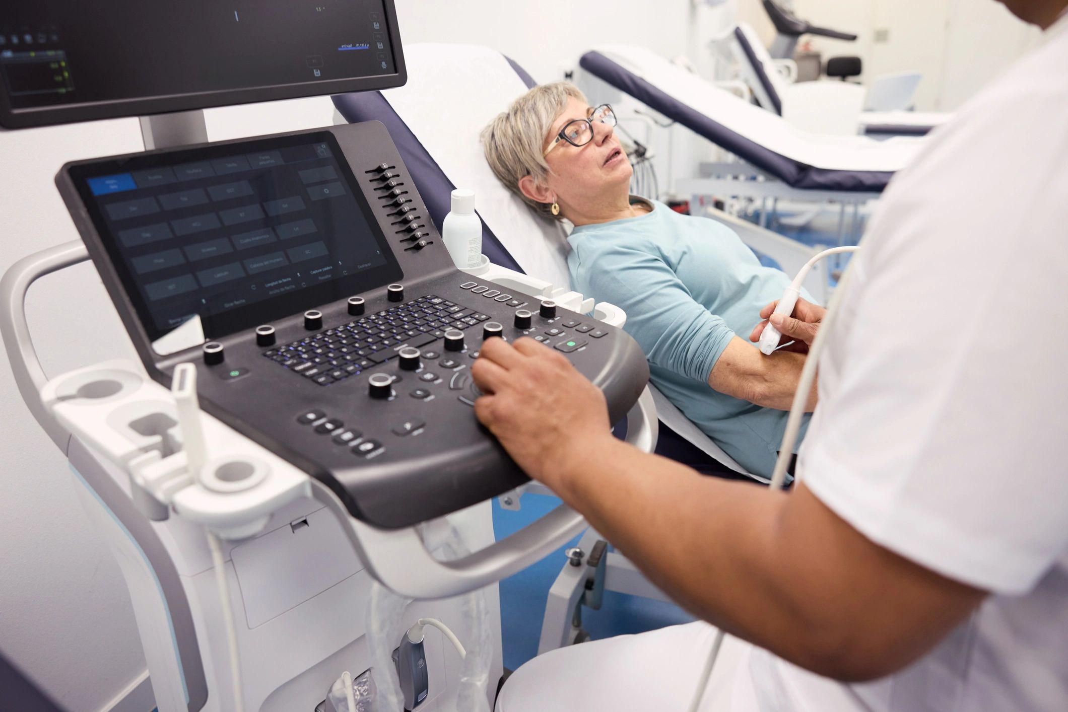 Close-up of musculoskeletal ultrasound equipment during an evaluation